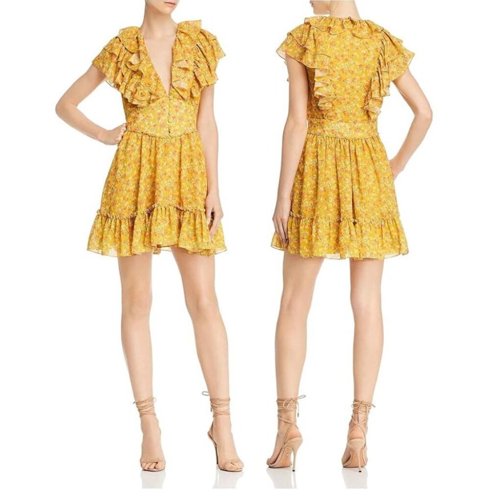 Divine Heritage Womens Yellow Floral Flutter Mini fit & flare dress ruffle XS